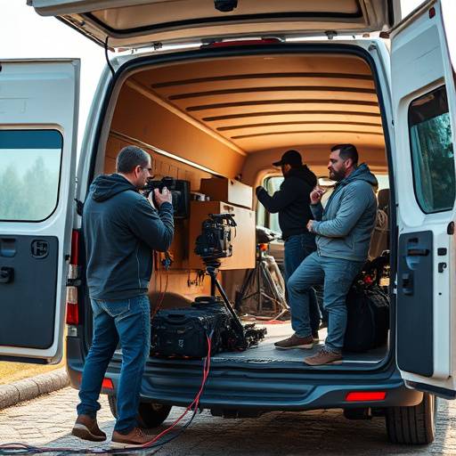 Film crew unloading equipment from a van