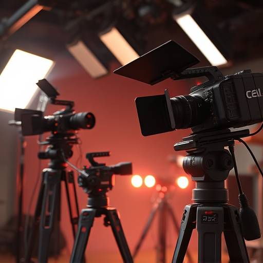 Variety of filming equipment including cameras, lights, and sound gear